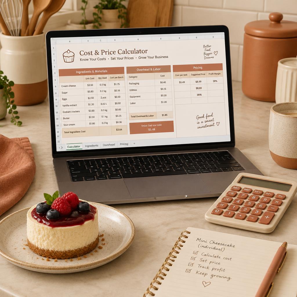 Hoja de cálculo de costos en una laptop junto a un cheesecake