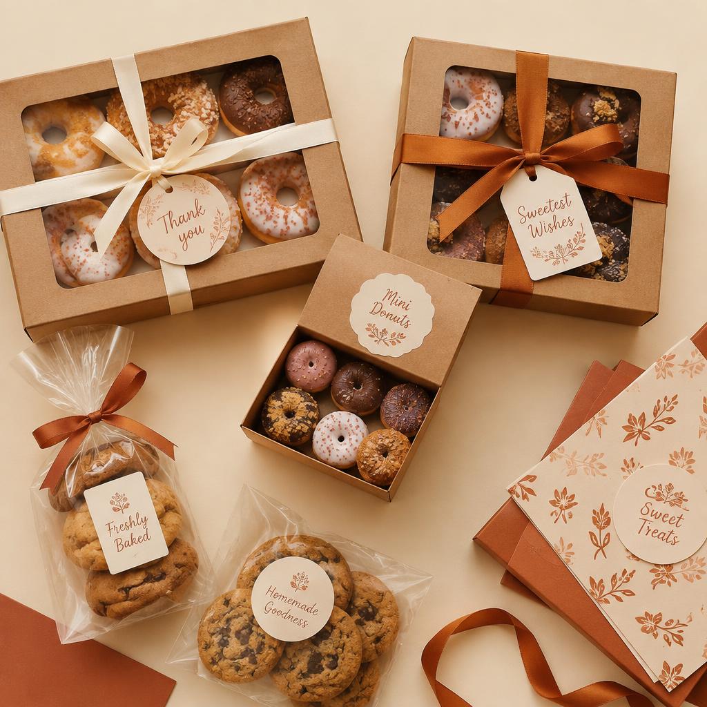 Cajas kraft con mini donuts y bolsas de galletas con etiquetas