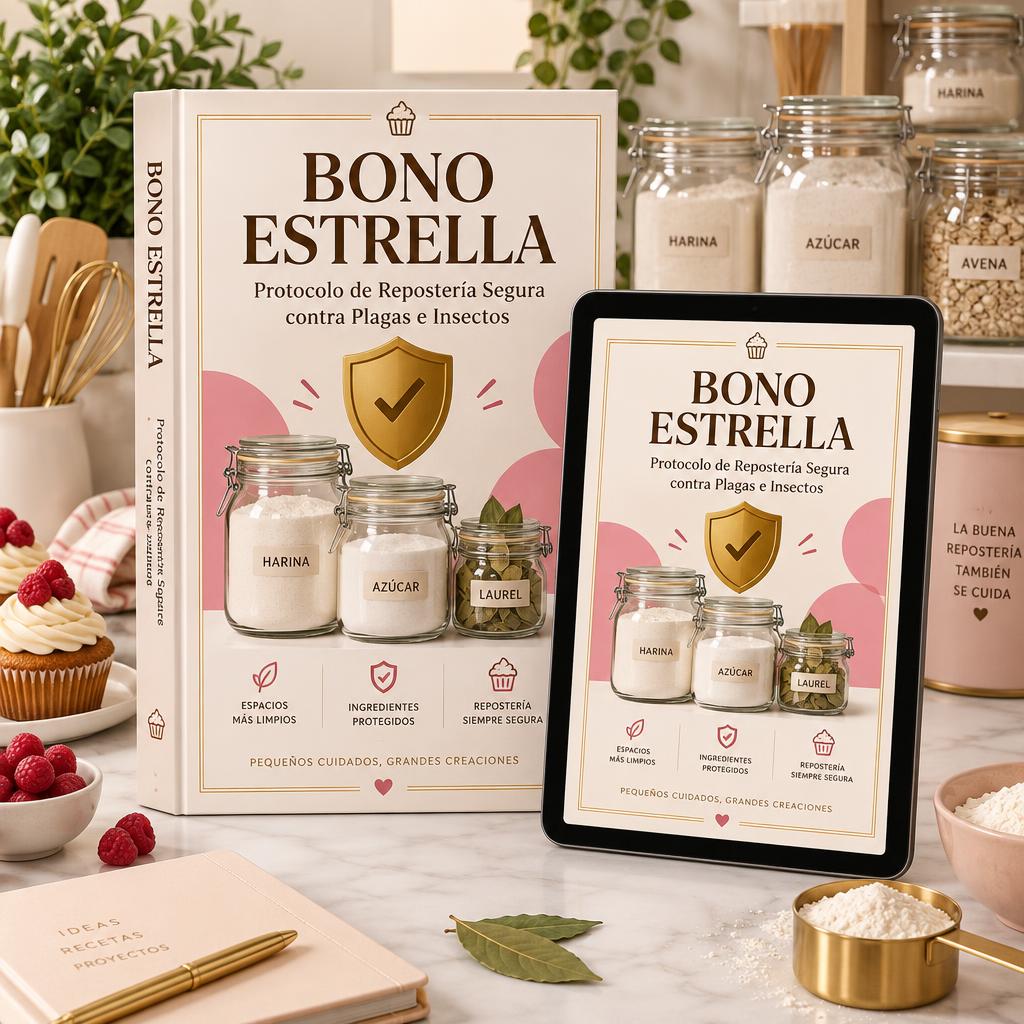 Libro y tableta con la guía Bono Estrella, junto a frascos herméticos de ingredientes en una cocina impecable